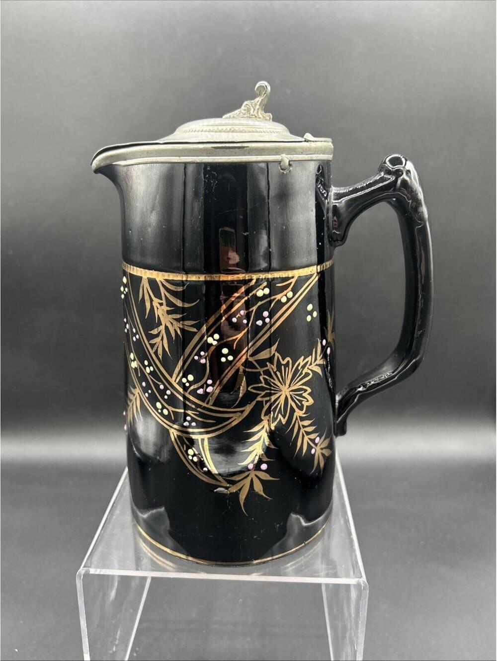 Victorian Era JACKFIELD Pottery Lidded Syrup Pitcher 7" Black w/ Gold Floral